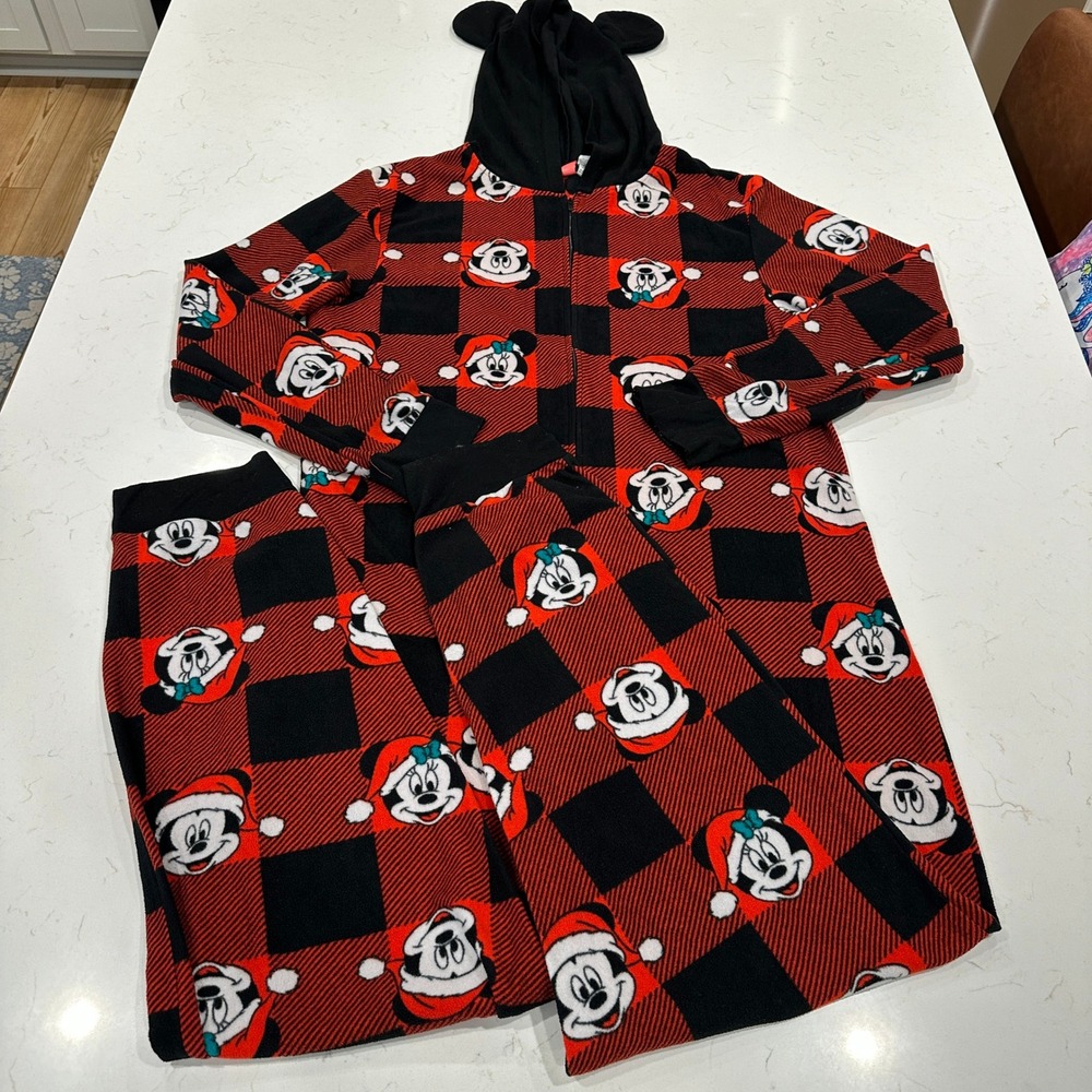 Disney Mickey Minnie Mouse Christmas Plaid Union Suit Pajamas XL Red Black